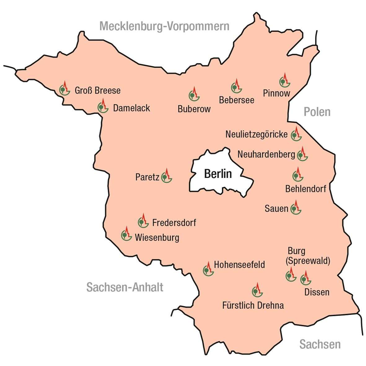 Karte Mitglieder der Arbeitsgemeinschaft "Historische Dorfkerne in Brandenburg"