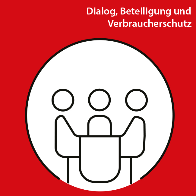 Stilisiertes Icon für das Handlungsfeld 8.5 Dialog, Beteiligung und Verbraucherschutz mit einer Gruppe von drei Menschen an einem Tisch.
