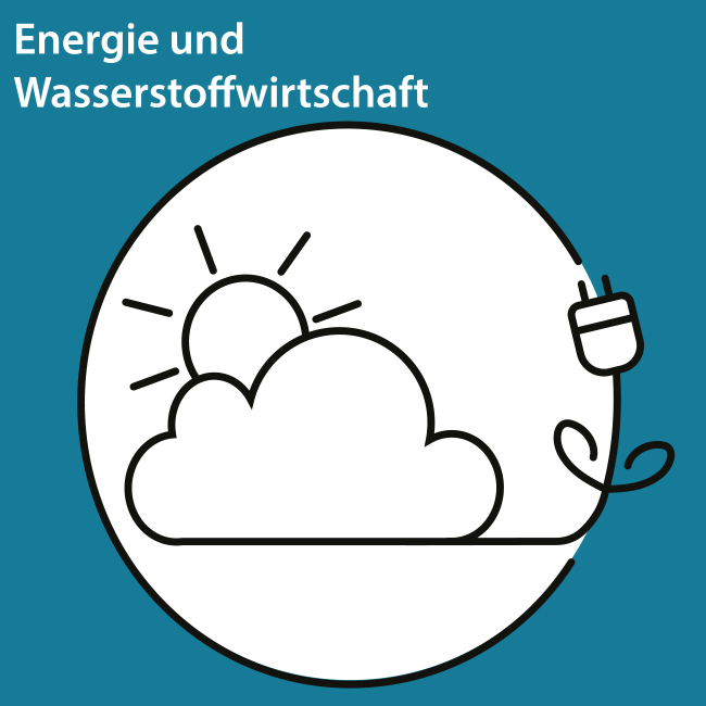 Stilisiertes Icon für das Handlungsfeld 1 Energie und Wasserstoffwirtschaft mit Sonne, Wolke und einem Stromstecker.