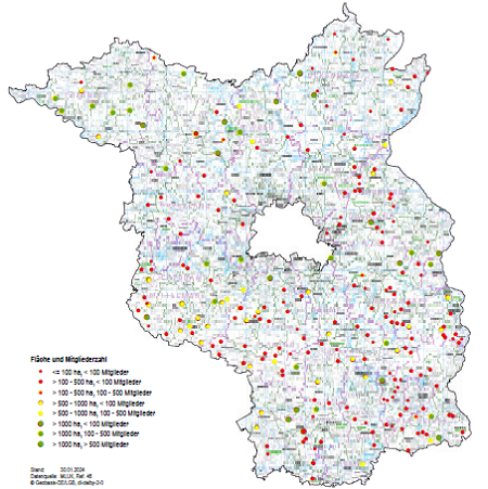 Grafik Karte der Forstbetriebsgemeinschaften in Brandenburg: Darstellung nach Fläche und Mitgliedern, Stand: 01/2024
