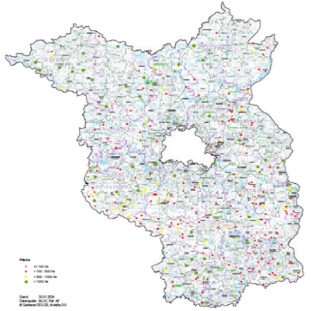 Grafik Karte der Forstbetriebsgemeinschaften in Brandenburg: Darstellung nach Fläche, Stand: 01/2024