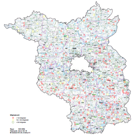 Grafik Karte der Forstbetriebsgemeinschaften in Brandenburg: Darstellung nach Mitgliedern, Stand: 01/2024