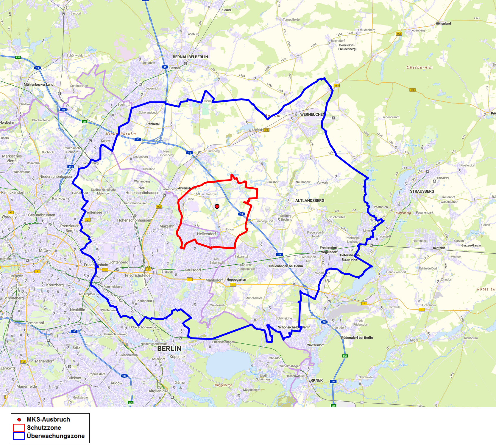 Kartenausschnitt Berlin und Brandenburg. Eingezeichnet sind der Ausbruchsort, die Schutz- und Überwachungszone der Maul- und Klauenseuche.