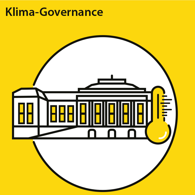 Stilisiertes Icon für das Handlungsfeld 8.2 Klima-Governance mit dem Brandenburger Landtag und im Vordergrund ein Thermometer.