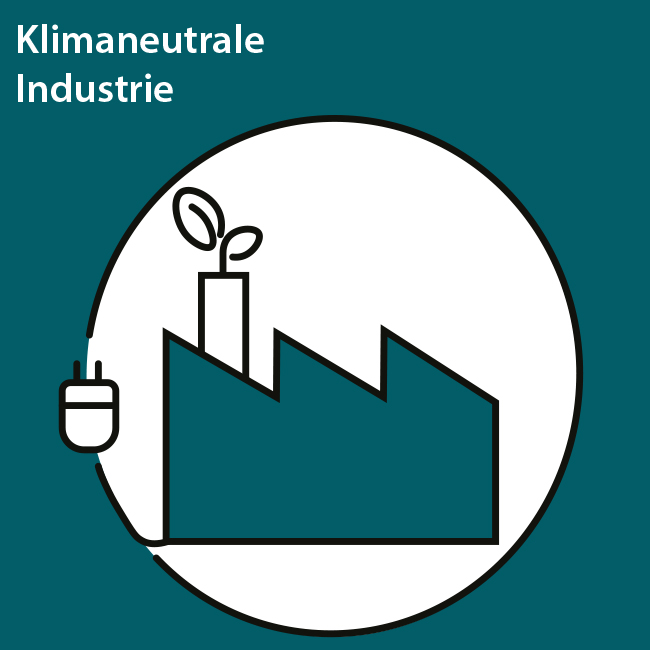 Stilisiertes Icon für das Handlungsfeld 2 Klimaneutrale Industrie mit einer Fabrikhalle und einem und einem Stromstecker aus grüner Energie.