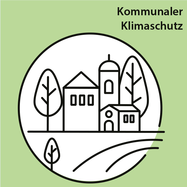 Stilisiertes Icon für das Handlungsfeld 8.4 Kommunaler Klimaschutz, ein Dorf mit Bäumen.