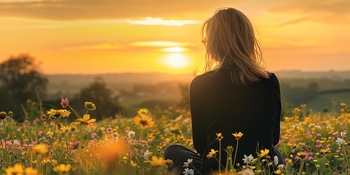 Bild: Eine nachdenkliche Frau, die auf einer Wiese sitzt, umgeben von Wildblumen, die Selbstbeobachtung und die Suche nach innerem Frieden/Erholung symbolisieren