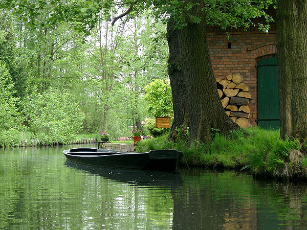 Blick auf einen Spreewaldarm bei Lehde  - ein typischer Spreewaldkahn liegt im Wasser.