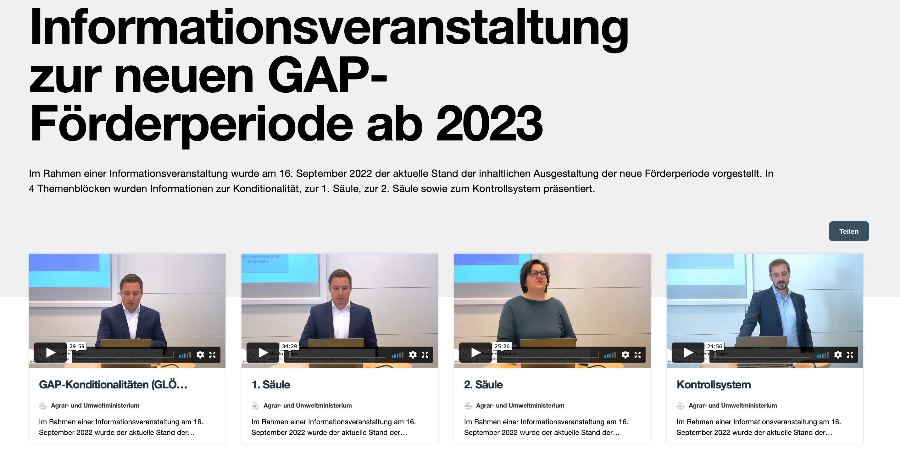Vorschaubild der Videos zu den Vorträgen auf der Informationsveranstaltung zur neuen GAP-Förderperiode ab 2023.