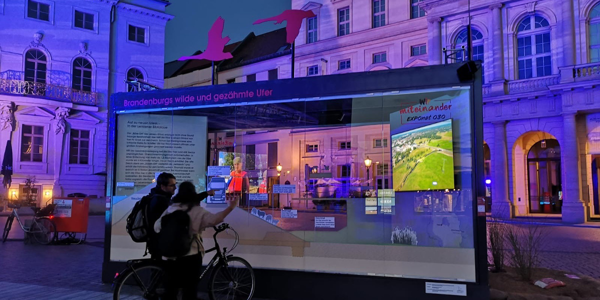 Expo Cube des Landesamtes für Umwelt bei Nacht beleuchtet auf dem Alten Markt in Potsdam.