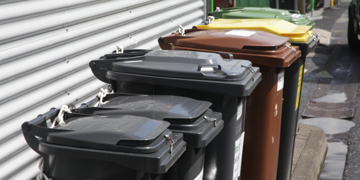 Bild: Abfalltonnen für Restmüll, Bioabfälle und Verpackungsabfälle stehen an einer Häuserwand.