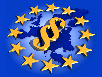 Paragraphenzeichen umringt von 12 Sternen in gelbem Farbton über dem Umriss der Europäischen Union auf blauem Hintergrund