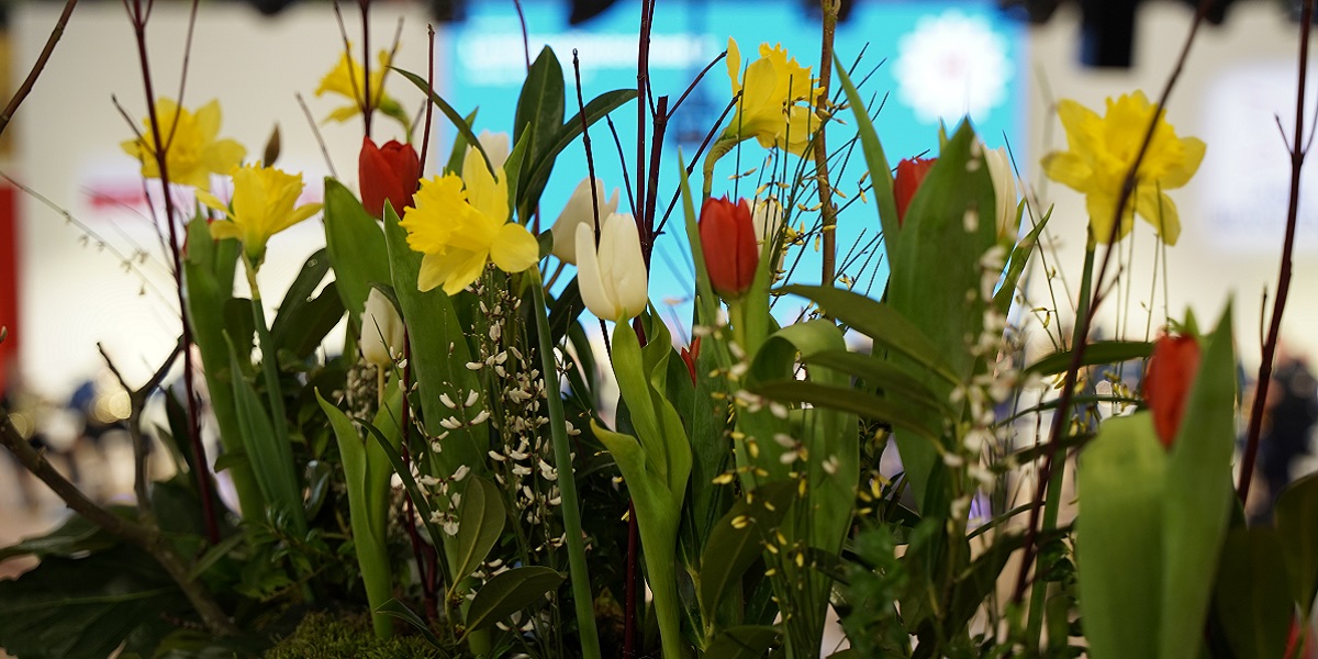 Bild: Blick auf ein Gesteck aus Frühlingsblumen - im Hintergrund die Bühne der Brandenburg-Hall 21a