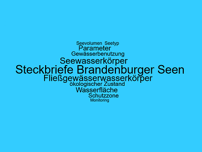 Wortwolke mit Begriffen: Steckbriefe Brandenburger Seen, Fließgwässerkörper, Seewasserkörper, Parameter, Gewässerbenutzung, wasserfläche, Seentüp