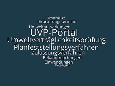 Wortwolke UVP-Portal mit den Begriffen: Umweltverträglichkeitsprüfung, Planfeststellungsverfahren, Zulassungsverfahren, Einwendungen, Bekanntmachungen, Erörterungstermine