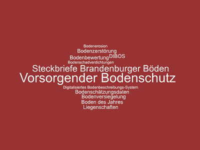 Wortwolke Vorsorgender Bodenschutz mit den Begriffen: Steckbriefe Brandenburger Böden, Bodenversiegelung, Boden des Jahres, Bodenbewertung ...