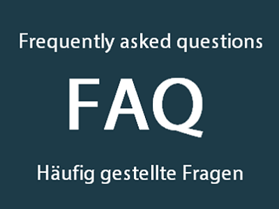Wortwolke mit den Begriffen: FAQ, Frequently asked questions, Häufig gestellte Fragen in weißer Schrift vor graublauem Hintergrund